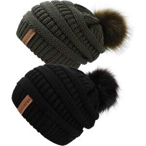 Women Black Olive 2pack Acrylic Thick Baggy Knit Winter Faux Fur Pompom Beanie
